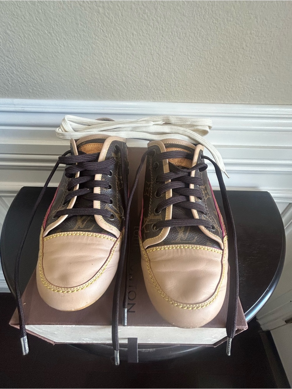 Louis Vuitton Women's Brown Monogram and Beige Leather Sneakers with Pink Trim